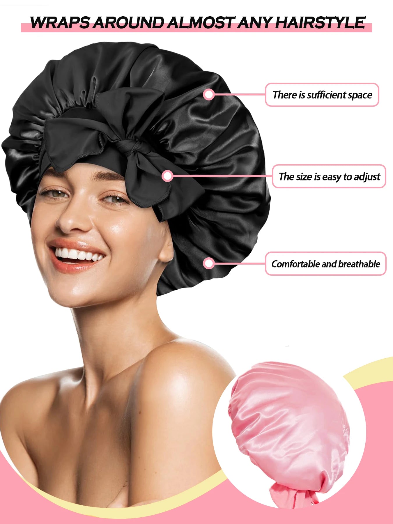 Bonnet de nuit en soie (lot de 2) avec élastique à nouer, double épaisseur, bandeau élastique doux.