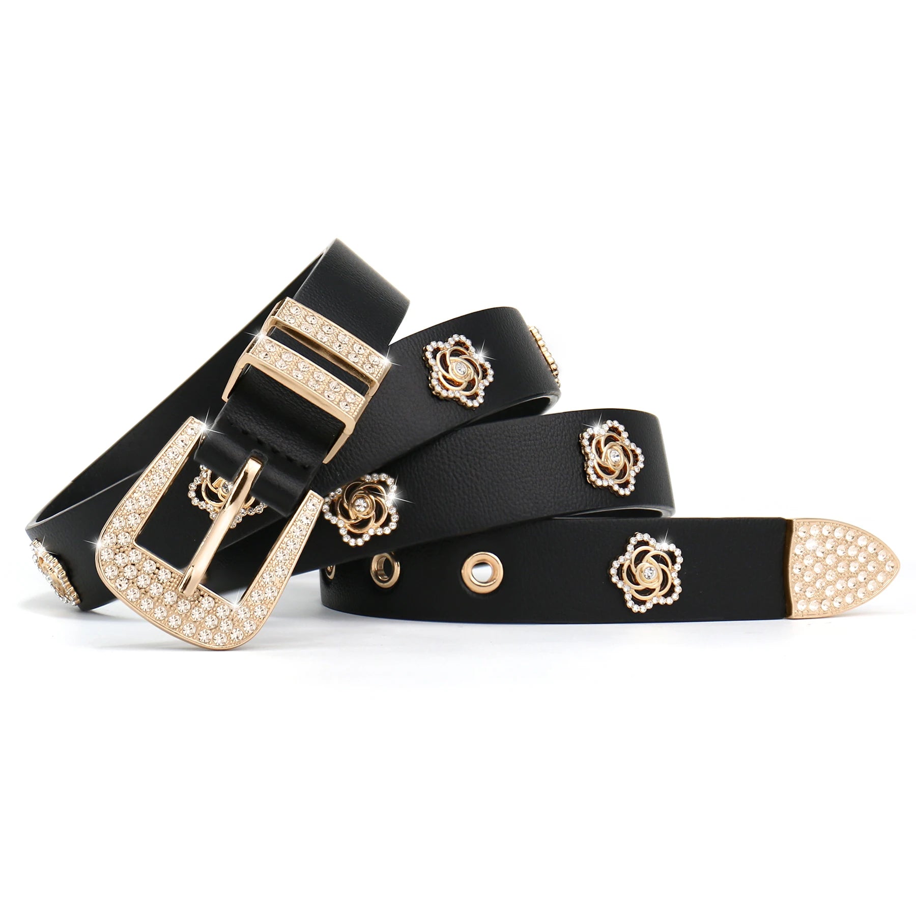 Studded Belt For Women, Girl's Rhinestone Skinny Floral Rivet Punk Y2K Faux Leather Belts For Jeans Pants Dresses