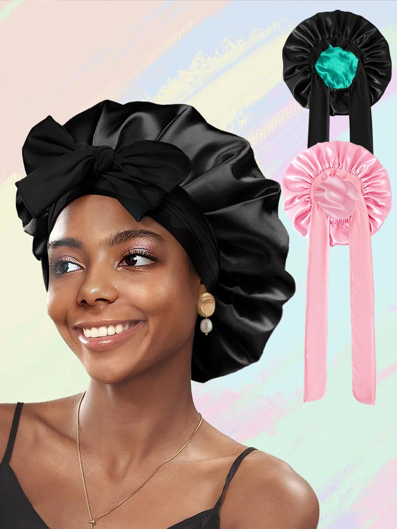 Bonnet de nuit en soie (lot de 2) avec élastique à nouer, double épaisseur, bandeau élastique doux.