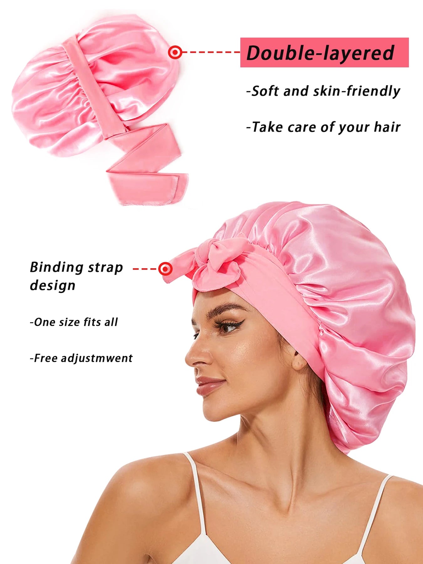 Bonnet de nuit en soie (lot de 2) avec élastique à nouer, double épaisseur, bandeau élastique doux.