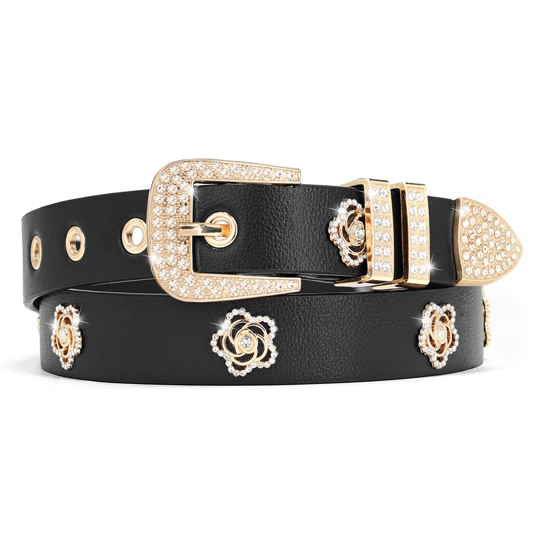 Studded Belt For Women, Girl's Rhinestone Skinny Floral Rivet Punk Y2K Faux Leather Belts For Jeans Pants Dresses