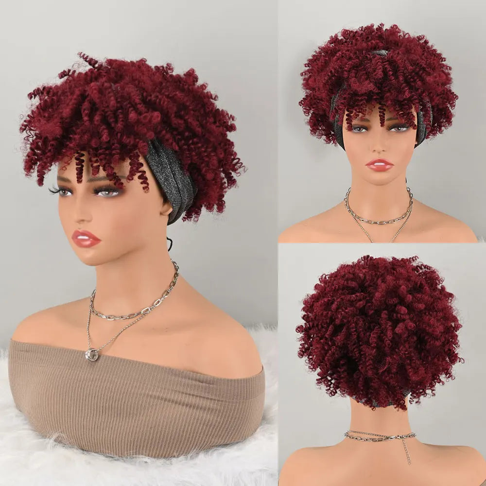 Pelucas con Diadema para Pelucas Afro Cortas Sintéticas Rizos Kinky Pelucas Envolventes con Flequillo Rojo Vino Oscuro 2 en 1 Peluca Turbante con Cordón Peluca con Moño Alto