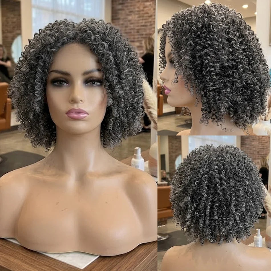 Bob 250% Salt And Pepper Grey Human Hair Wigs Afro Kinky Curly Wig No Bleach Natural Grey Glueless Ready to Wear For Black Women