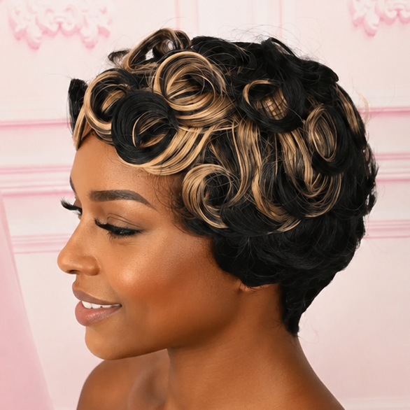 Black & Blonde Curly Pixie Wig