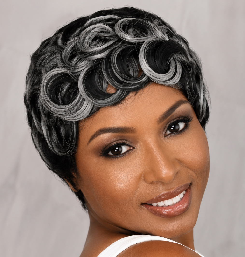 Black & Grey Curly Pixie Wig
