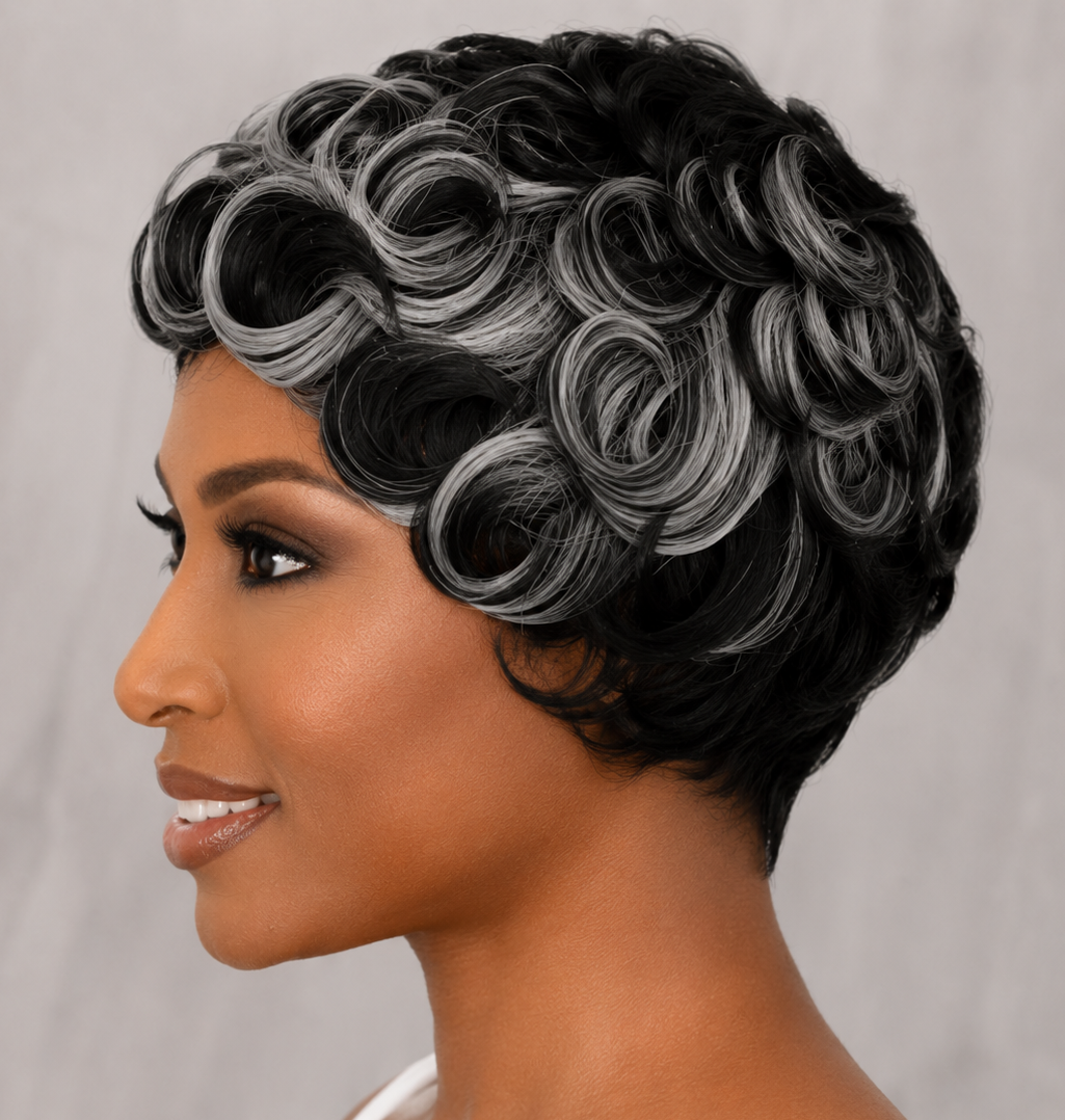 Black & Grey Curly Pixie Wig