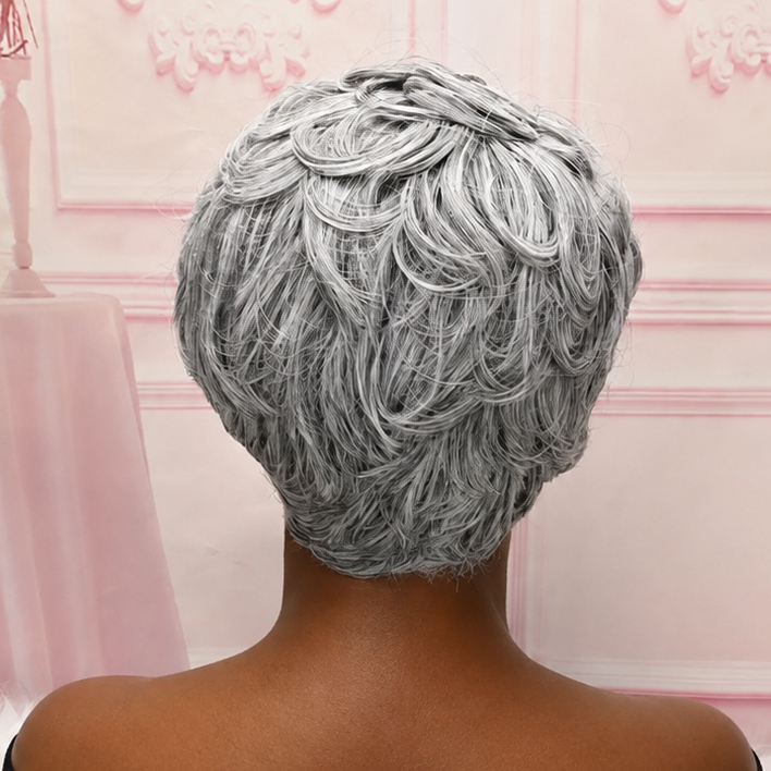 Perruque courte bouclée gris argenté