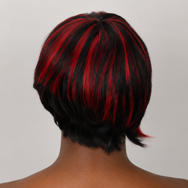 Perruques courtes bouclées perruque coupe pixie perruque courte noire avec frange perruques synthétiques ondulées naturelles (noir et rouge mélangé)