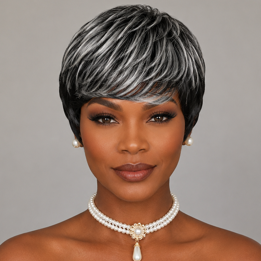 Perruques courtes pour femmes Perruques noires naturelles dégradées avec frange pour femmes Perruques synthétiques bouclées Pixie Cheveux courts pour femmes Perruque en fibre résistante à la chaleur pour usage quotidien (Gris mélangé Noir)