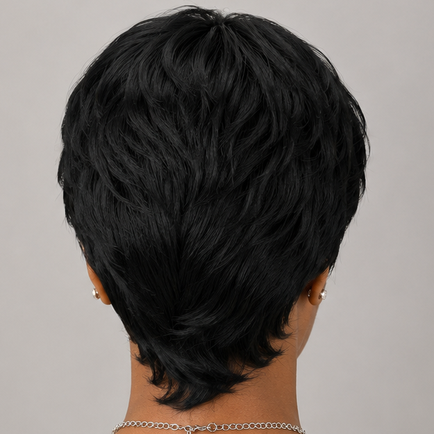Perruque courte Bob pour coupes Pixie Perruque sans colle Perruque synthétique sans lacet avec frange Noir naturel Lisse Coupe courte dégradée faite à la machine pour usage quotidien