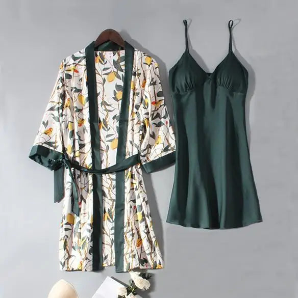 Conjunto de pijama de mujer, ropa de dormir casual, traje de bata de satén, ropa de noche para estar en casa, cuello en V, pijama suave, albornoz kimono, camisón lencería