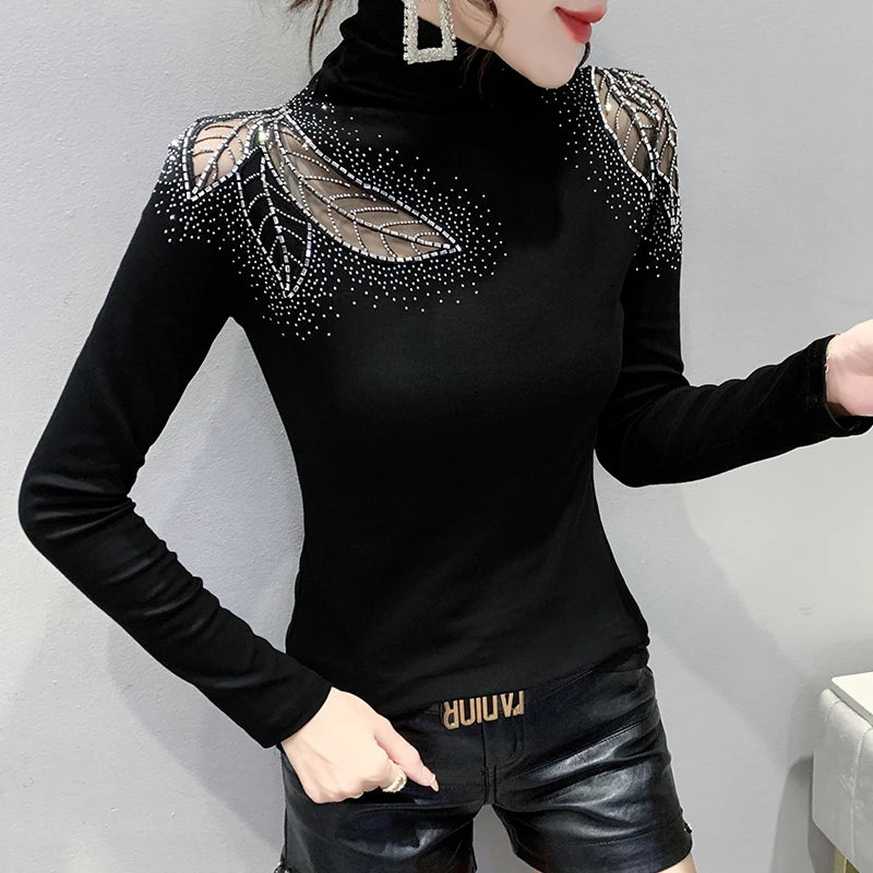 Autumn Winter Turtleneck Mesh Top – Elegant & Stretchy