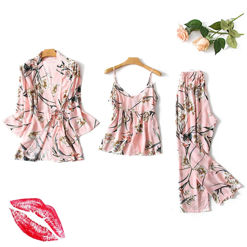 Women Sexy Pajama Sleepwear Sets Floral Printed Pyjama Femme Robe for Ladies Home Suit Spring Summer Nightwear Pijama 3 Pieces