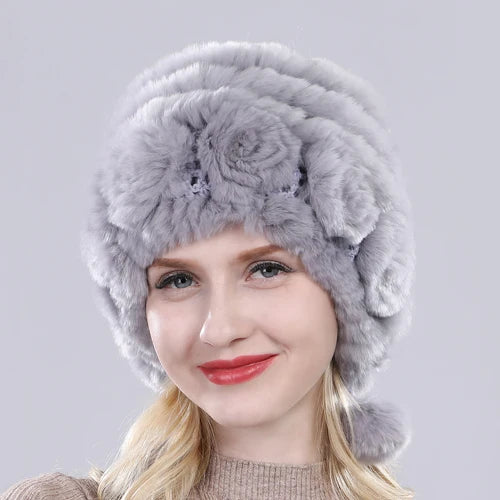 Hot Sale Winter Women Flowers Striped Natural Real Rex Rabbit Fur Hats Lady Warm Knit Genuine Fur Caps Russian Outdoor Fur Hats