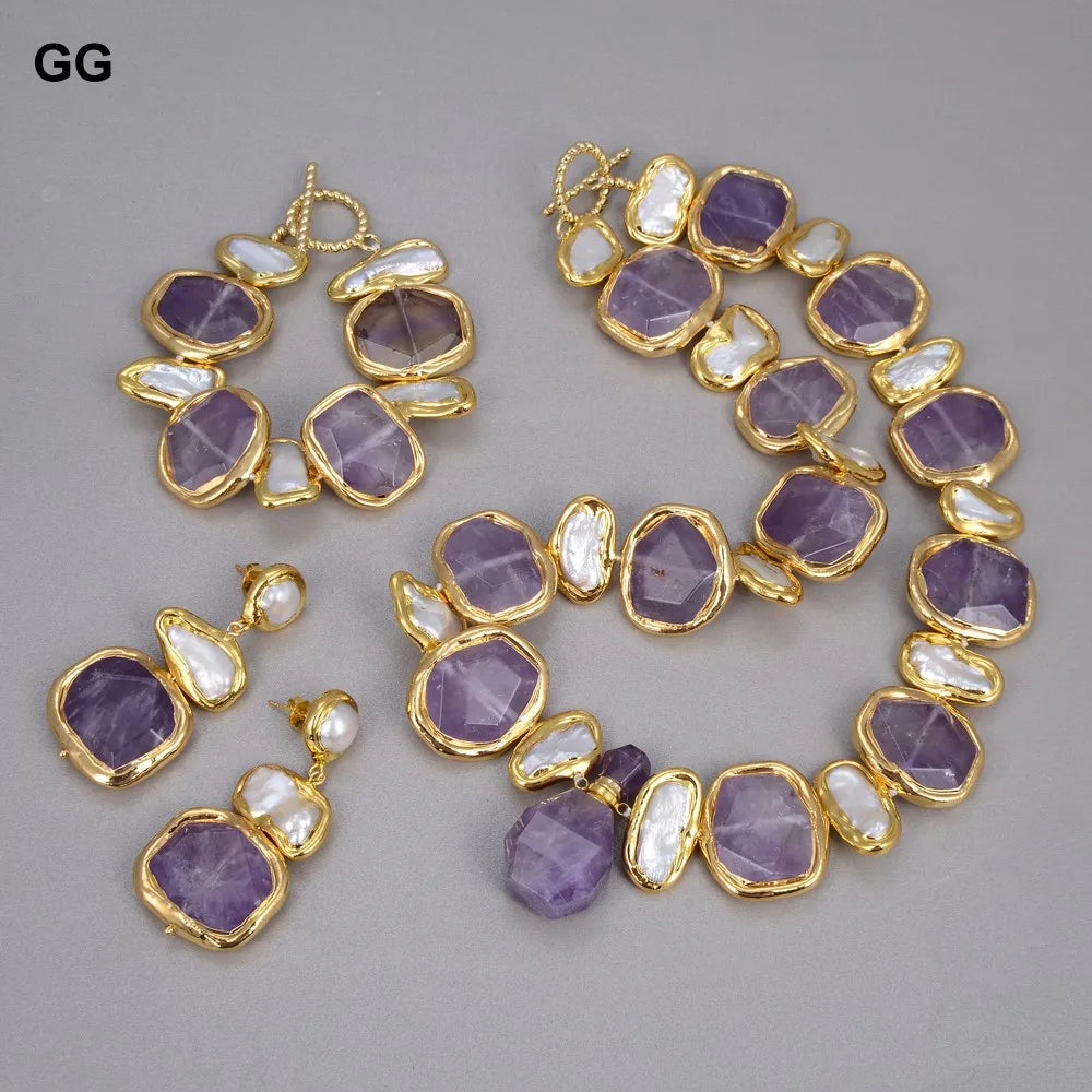 GuaiGuai Jewelry Natural Freshwater White Biwa Pearl Green Nugget Amethysts Gold Plated Pendant Necklace Bracelet Earrings Sets