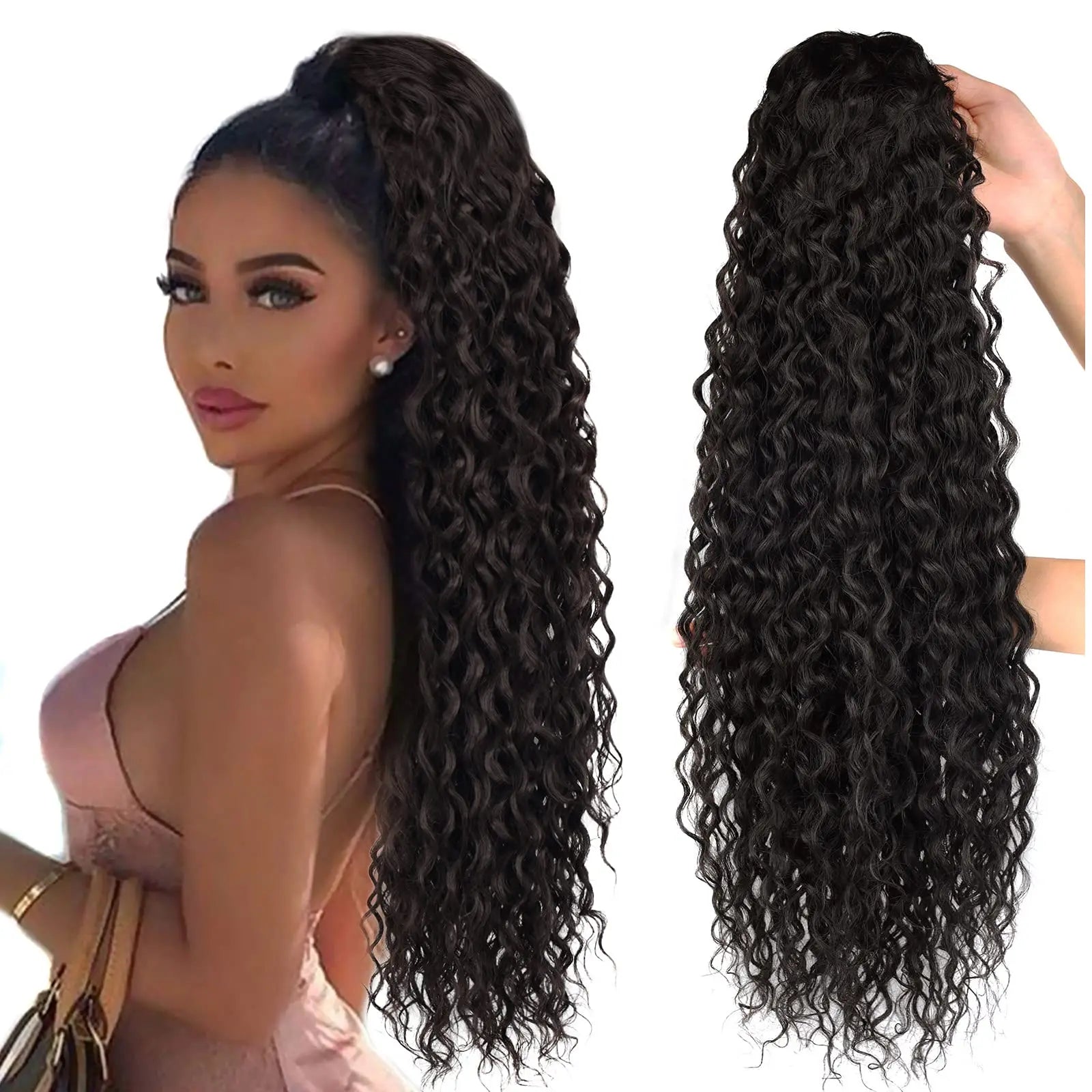 Queue de cheval bouclée Extensions à clip synthétiques avec cordon de serrage Perruque longue de 32 pouces Ondulée Afro Queue de cheval Faux Postiche pour femmes