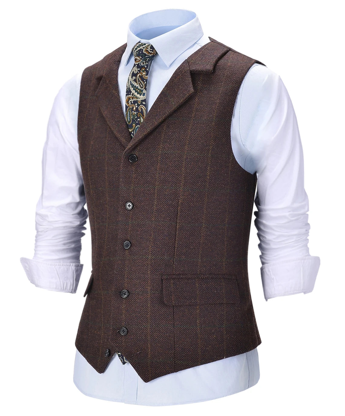 Men's Vintage Plaid Vest Wool Tweed Suit Vest Notch Lapel Waistcoat Groomsmen For Wedding