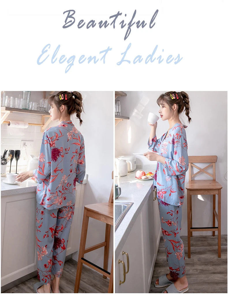 Women Sexy Pajama Sleepwear Sets Floral Printed Pyjama Femme Robe for Ladies Home Suit Spring Summer Nightwear Pijama 3 Pieces