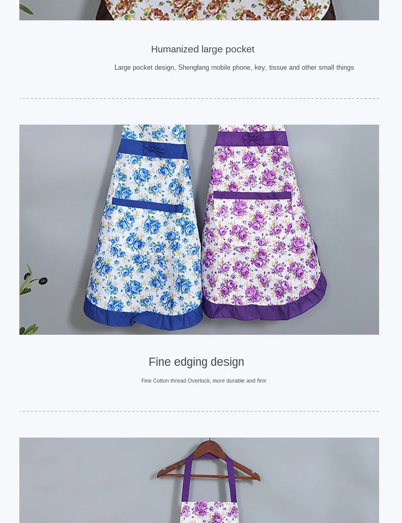 Oil-proof Cooking Apron for Women Adjustable Kitchen Cooking Coffee Shop Flower Printed Bowknot Cleaning Aprons with Pocket
