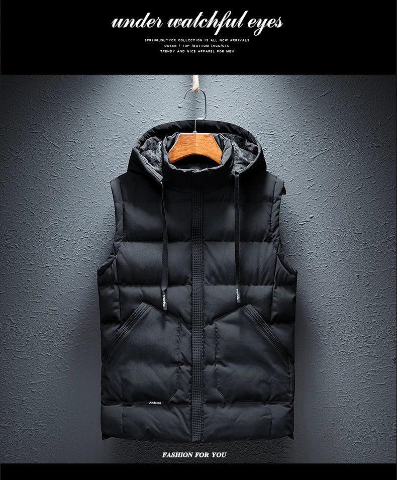 Winter Hooded Vests Male Vest Coats Men Stand Collar Thicken Waistcoats Clothing Mens Jacket Sleeveless Vest M-6XL Travel Vest