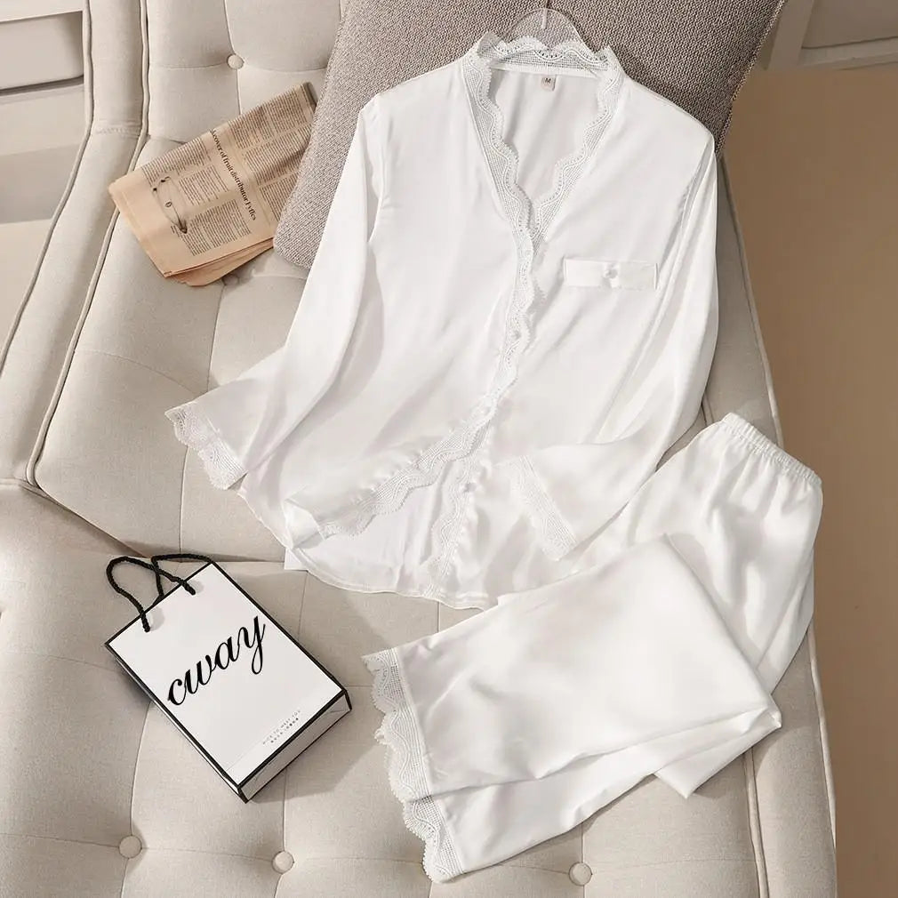 Conjunto de pijama de satén sedoso para mujer, manga larga, ropa de dormir casual, loungewear, rayón, 2 piezas para el hogar