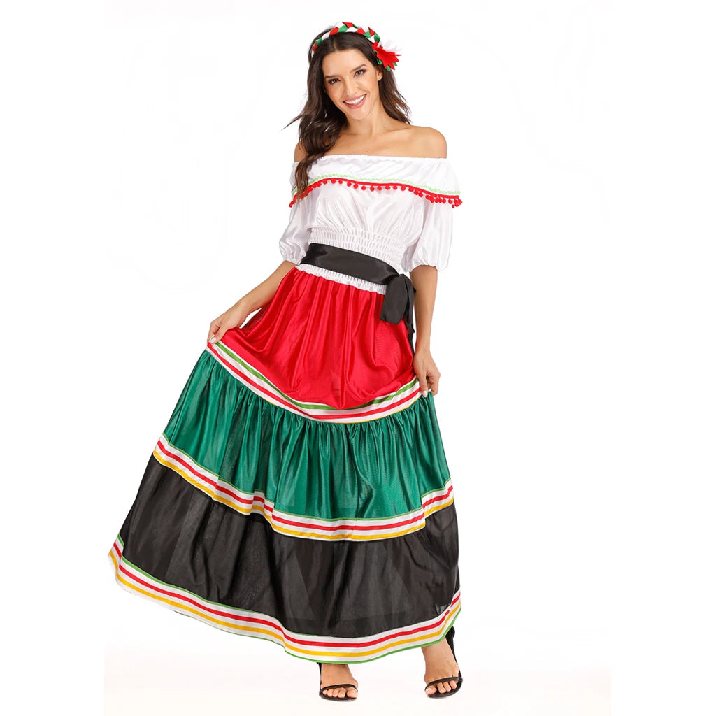 Eraspooky Traditional Folk Mexican Dress Women Girls Halloween Costume For Girl Mexico Carnival Party Family Dance Fancy Dress