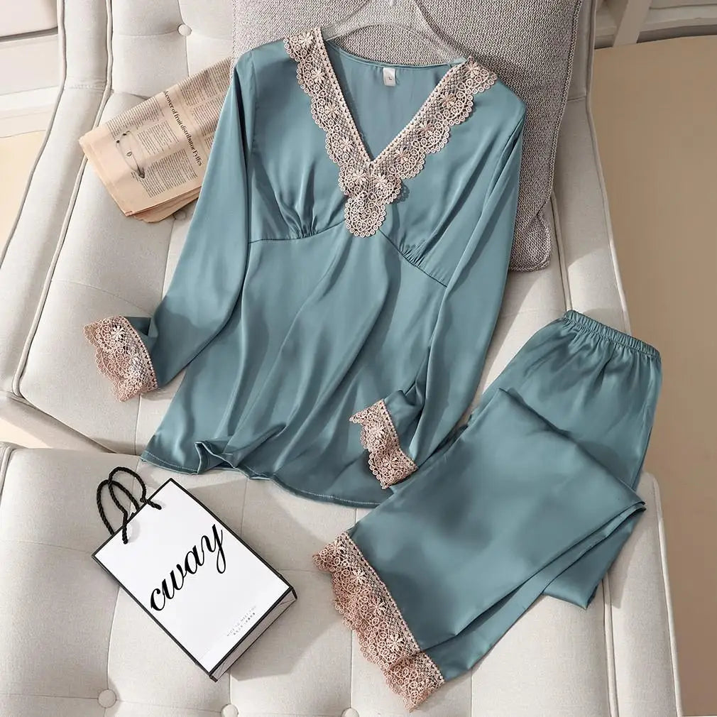 Conjunto de pijama de satén sedoso para mujer, manga larga, ropa de dormir casual, loungewear, rayón, 2 piezas para el hogar