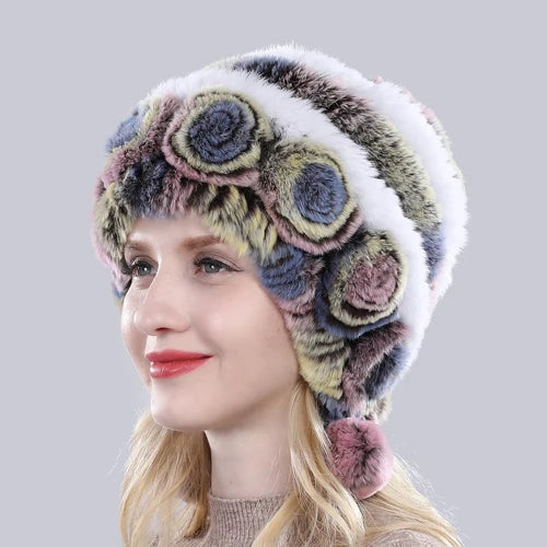 Hot Sale Winter Women Flowers Striped Natural Real Rex Rabbit Fur Hats Lady Warm Knit Genuine Fur Caps Russian Outdoor Fur Hats