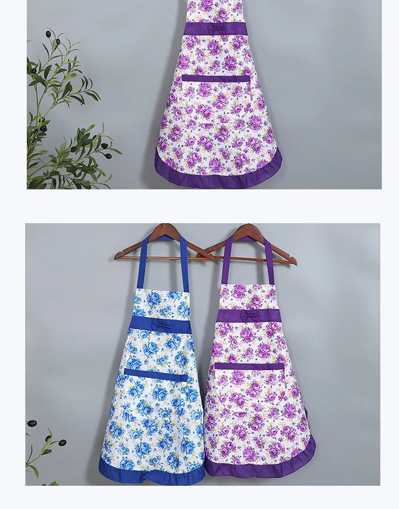 Oil-proof Cooking Apron for Women Adjustable Kitchen Cooking Coffee Shop Flower Printed Bowknot Cleaning Aprons with Pocket