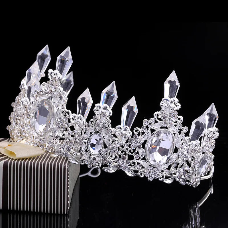 Luxury Big Rhinestone Bridal Jewelry Sets Silver Plated Crystal Crown Tiaras Choker Necklace Earrings Sets Wedding Accessories
