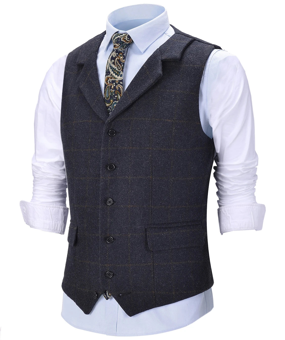 Men's Vintage Plaid Vest Wool Tweed Suit Vest Notch Lapel Waistcoat Groomsmen For Wedding