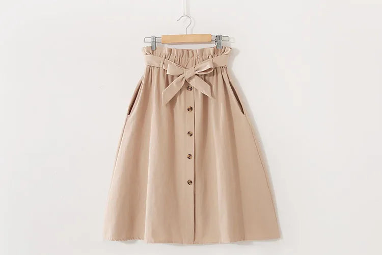 Women Summer Midi Skirt Girls Elegant Solid High Waist Spring Casual Single-Breasted Sashes Office Ladies A-Line Cotton Skirt