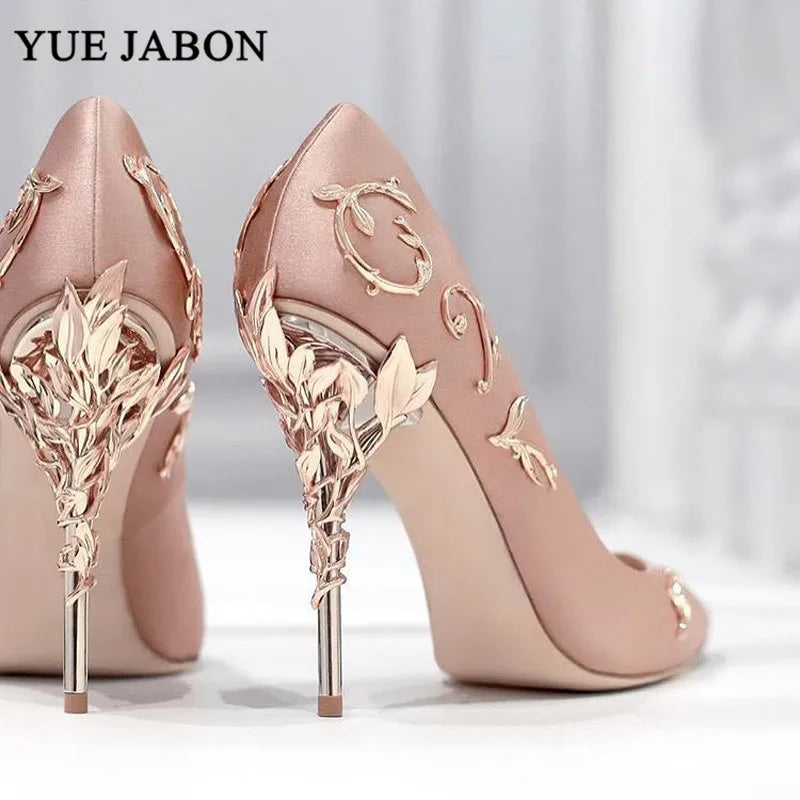 Luxury Leaves Metal Heel Pumps Women Shoes Pointed Toe Blue White Pink Black Silk Stiletto High Heels Wedding Bride Shoes 10cm