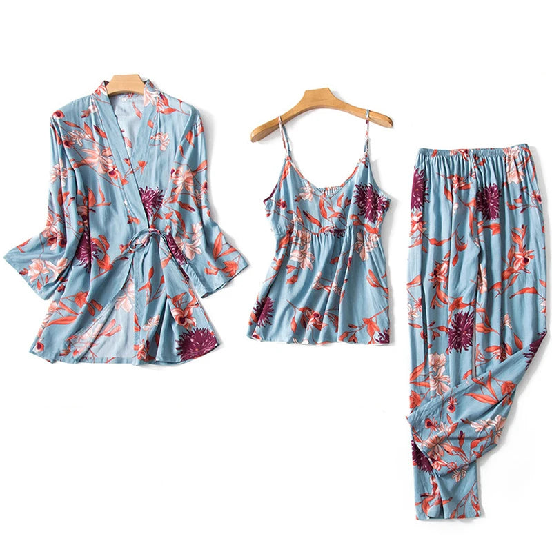 Women Sexy Pajama Sleepwear Sets Floral Printed Pyjama Femme Robe for Ladies Home Suit Spring Summer Nightwear Pijama 3 Pieces