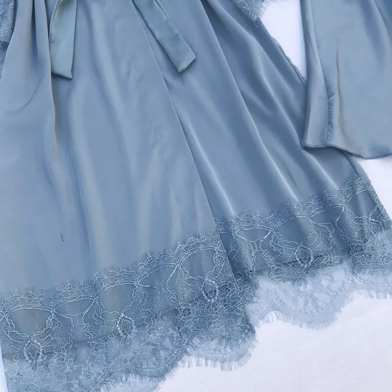 Pijama de cinco piezas para mujer, ropa de dormir para primavera y verano, camisón, bata de baño sexy de encaje, bata de satén de seda suelta para el hogar, ropa de estar en casa