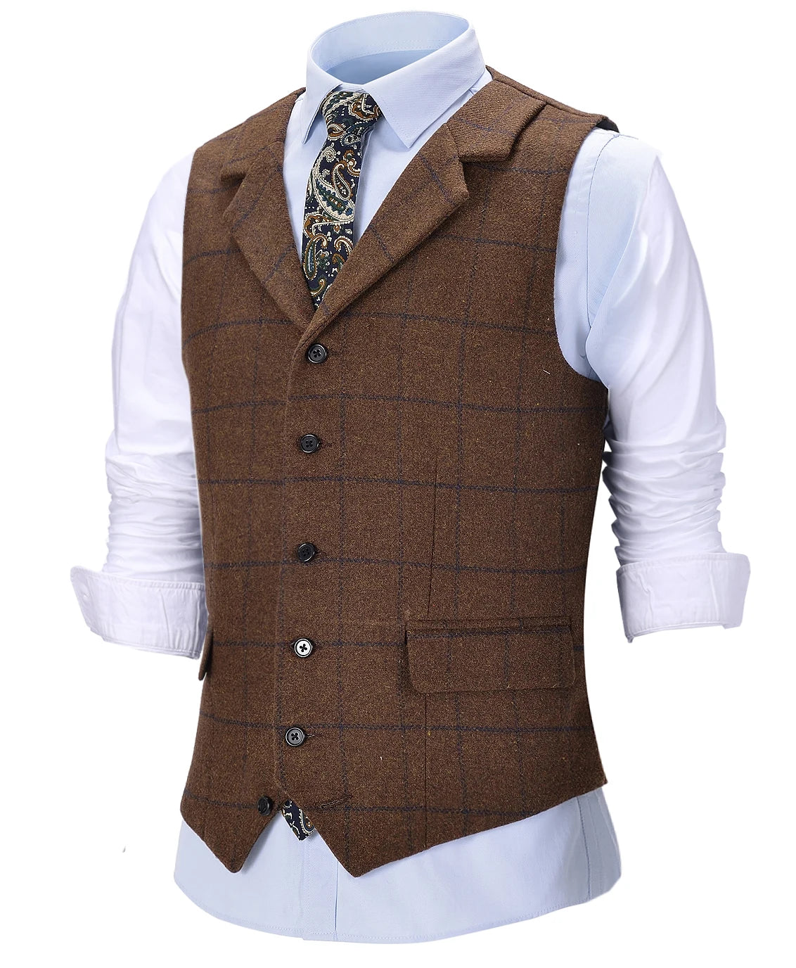 Men's Vintage Plaid Vest Wool Tweed Suit Vest Notch Lapel Waistcoat Groomsmen For Wedding