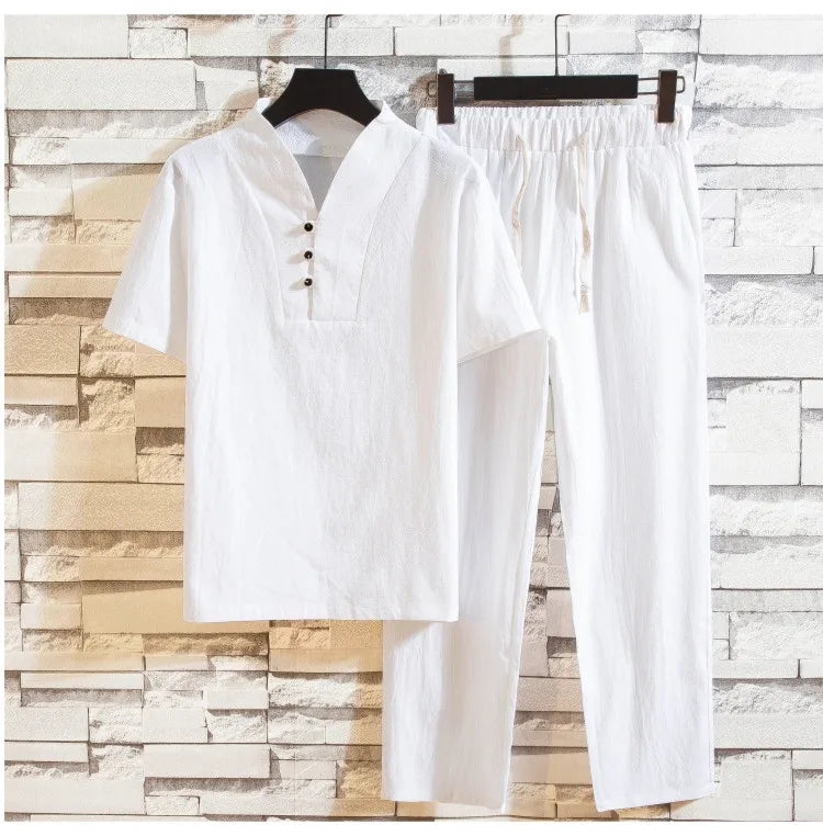 (Shirt + trousers) summer men shirt Man Cotton and linen shirts Short sleeve men's casual shirts men A set of clothes M-5XL