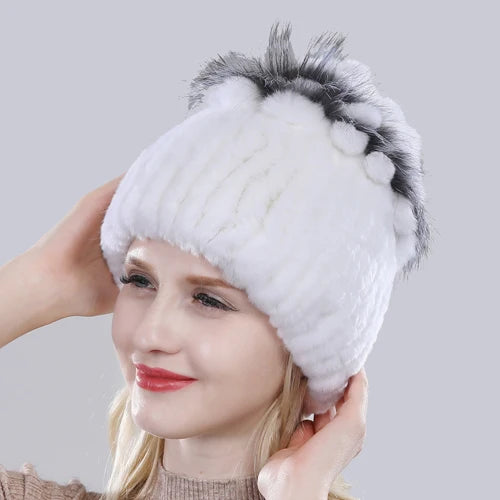 Hot Sale Russia Winter Quality Real Fur Hat Natural Warm Rex Rabbit Fur Cap Lady Warm Knitted 100% Genuine Rex Rabbit Fur Hats