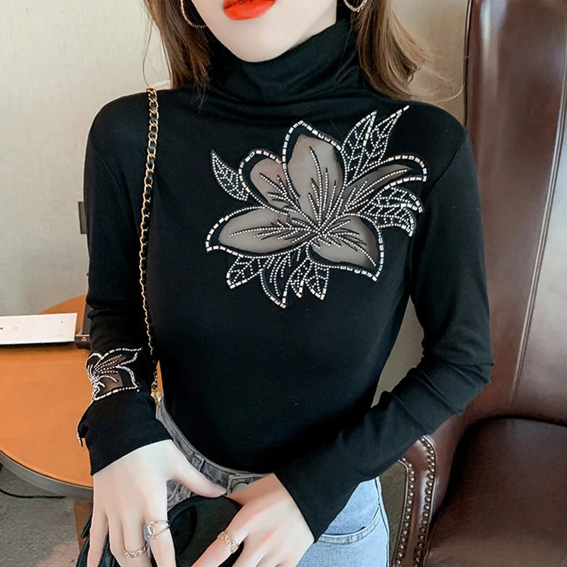 Jersey de cuello alto de malla Otoño Invierno – Elegante y elástico