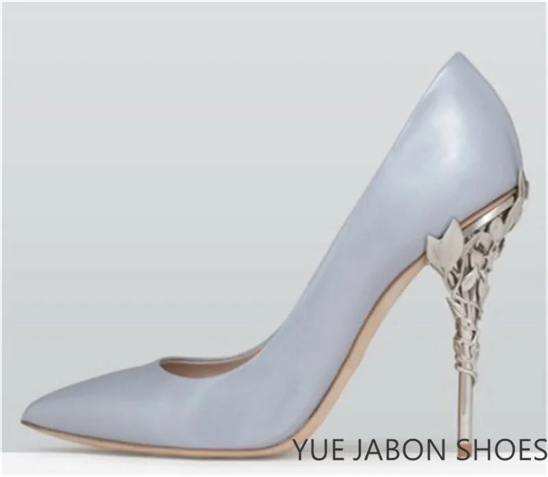 Luxury Leaves Metal Heel Pumps Women Shoes Pointed Toe Blue White Pink Black Silk Stiletto High Heels Wedding Bride Shoes 10cm