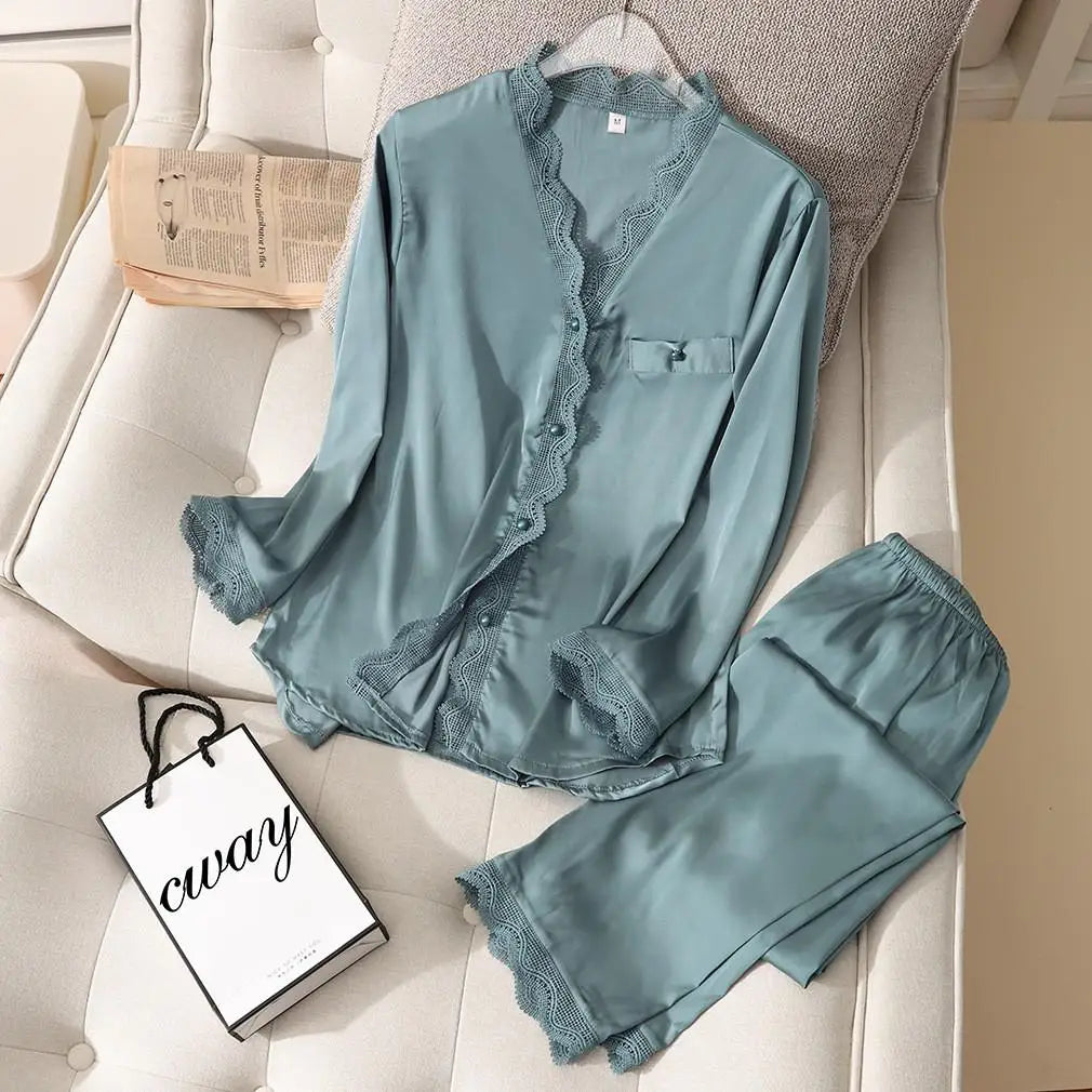 Conjunto de pijama de satén sedoso para mujer, manga larga, ropa de dormir casual, loungewear, rayón, 2 piezas para el hogar