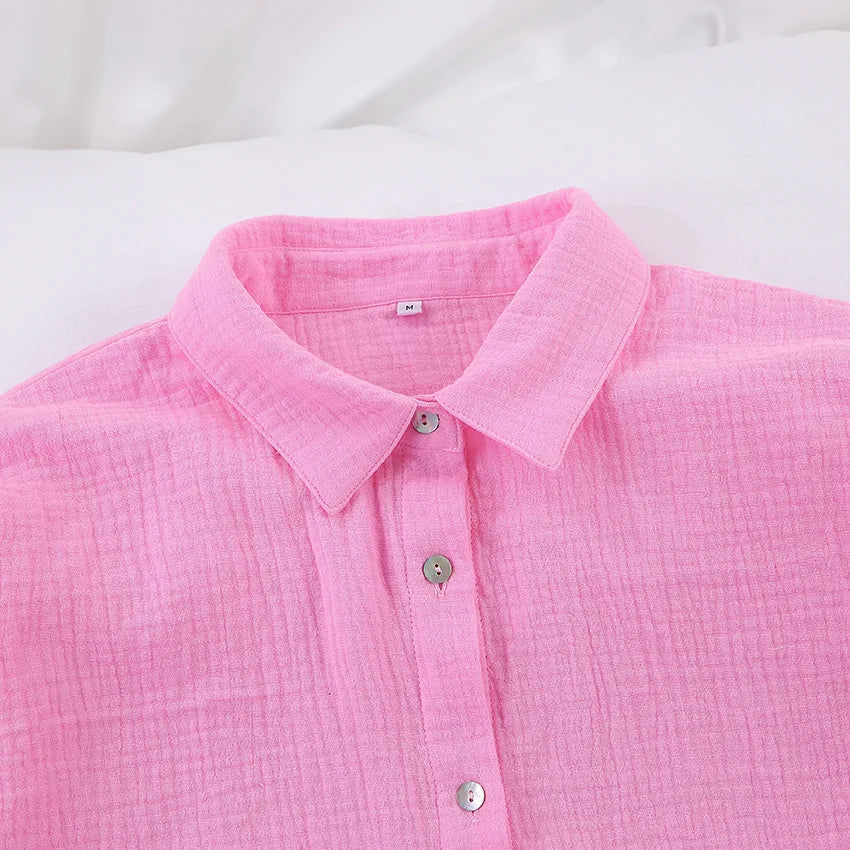 Cotton Pajamas For Women Sets Suit Casual Sleepwear Turn-Down Collar Nine Quarter Sleeve Sleep Tops Shorts Female Homewear 2023