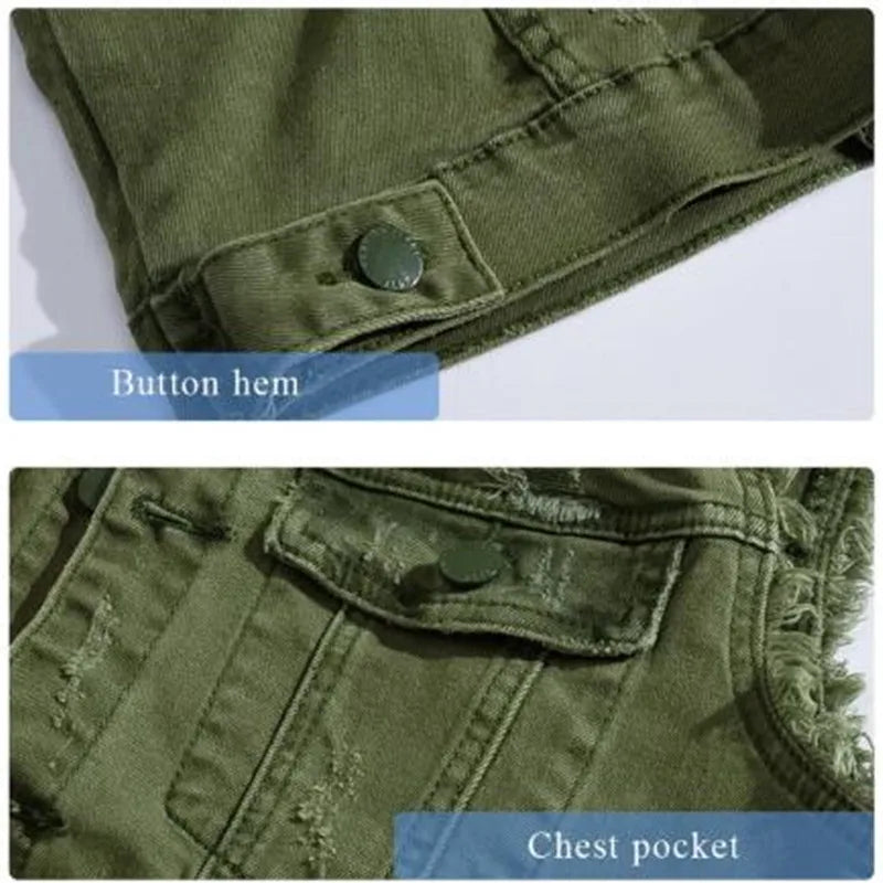 New vests Slim Fit Cowboy Male Jacket Vest Ripped Denim Vest Men's Jacket Sleeveless Casual Waistcoat Mens Jean Coat Green