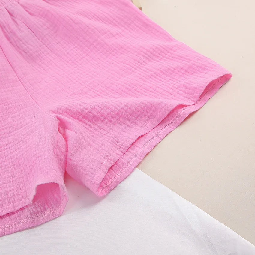 Cotton Pajamas For Women Sets Suit Casual Sleepwear Turn-Down Collar Nine Quarter Sleeve Sleep Tops Shorts Female Homewear 2023