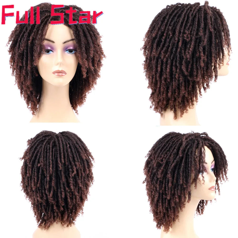 Full Star 14“ Dreadlock Curly Wigs for Black Woman Ombre Burgundy Brown Color Short Curly Locs Braids Wigs Party Daily Use