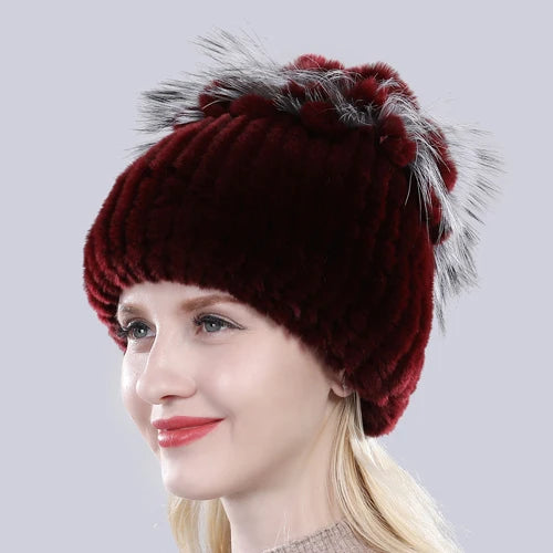Hot Sale Russia Winter Quality Real Fur Hat Natural Warm Rex Rabbit Fur Cap Lady Warm Knitted 100% Genuine Rex Rabbit Fur Hats