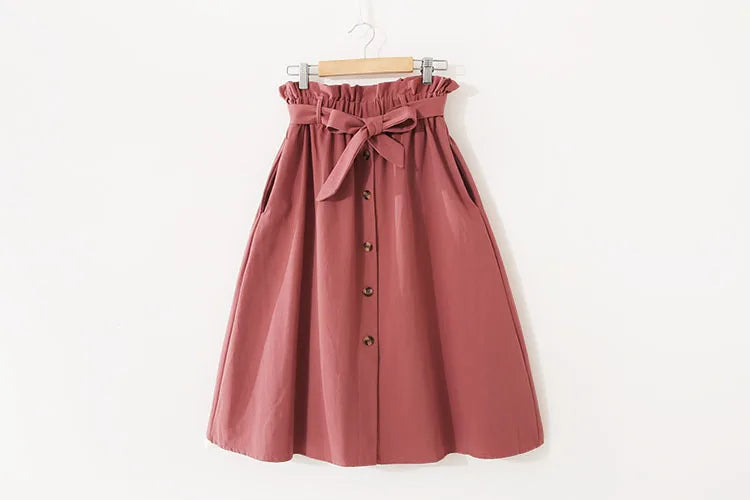Women Summer Midi Skirt Girls Elegant Solid High Waist Spring Casual Single-Breasted Sashes Office Ladies A-Line Cotton Skirt