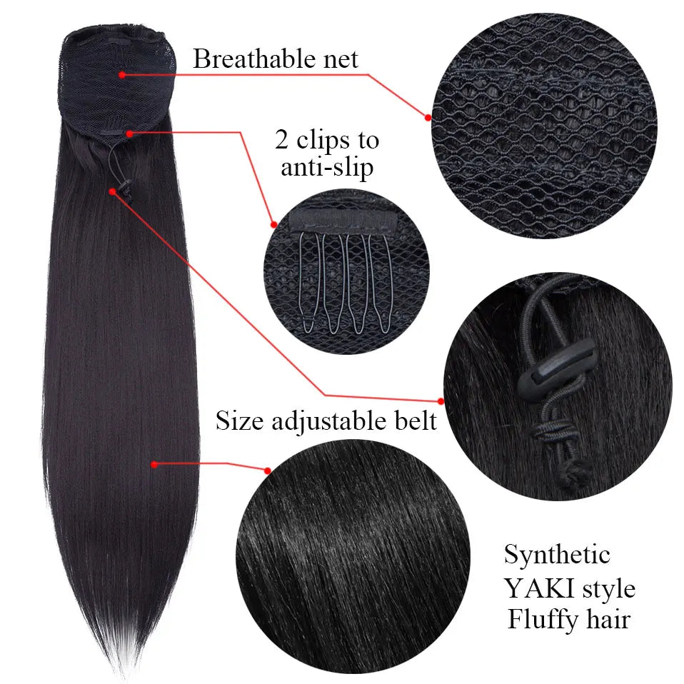 S-noilite Synthétique 22 pouces Afro Yaki Raide Queue de Cheval Pince à Cheveux Postiche avec Cordon de Serrage pour Femmes
