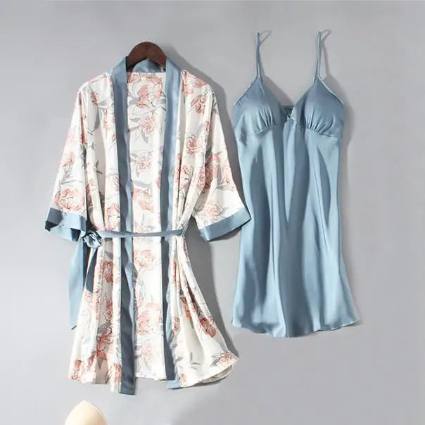 Conjunto de pijama de mujer, ropa de dormir casual, traje de bata de satén, ropa de noche para estar en casa, cuello en V, pijama suave, albornoz kimono, camisón lencería