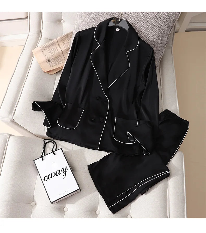 Conjunto de pijama de satén sedoso para mujer, manga larga, ropa de dormir casual, loungewear, rayón, 2 piezas para el hogar